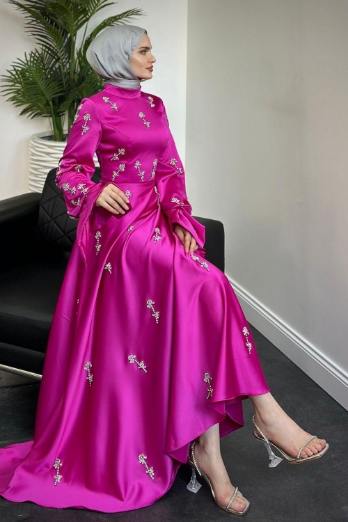Emilia Prenses Taşlı Saten Abiye Fuşya