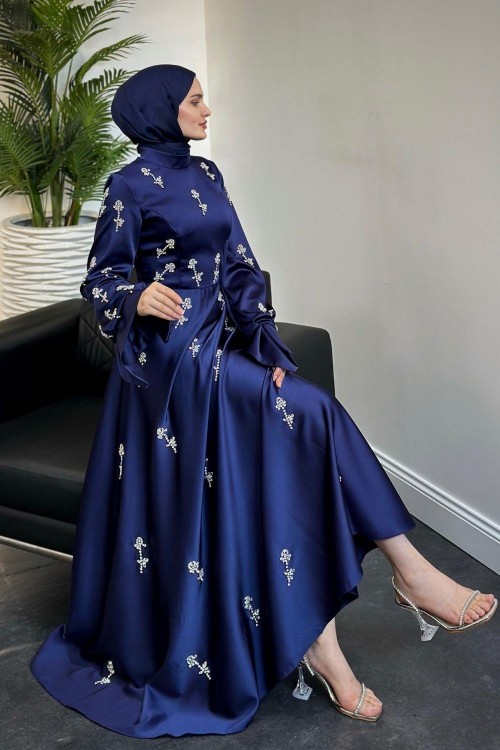 Emilia Prenses Taşlı Saten Abiye Lacivert