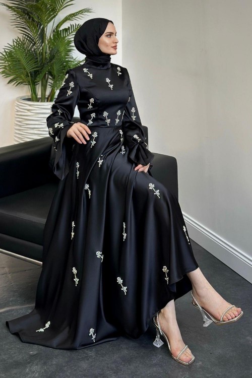 Emilia Prenses Taşlı  Saten Abiye Siyah
