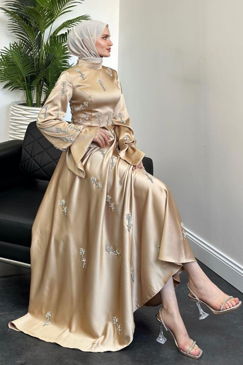 Emilia Prenses Taşlı Saten Abiye Vizon