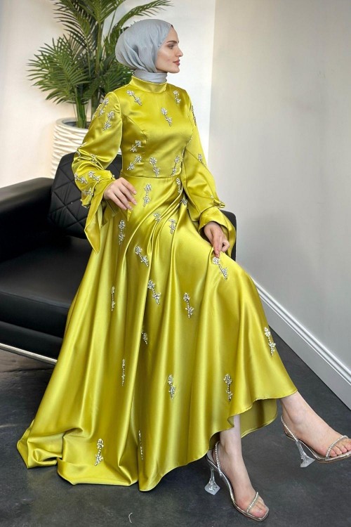 Emilia Prenses Taşlı Saten Abiye Yağ Yeşili