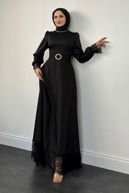 Emily Güpür Detay Abiye Siyah