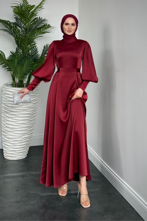 Emora Kuşaklı Saten Elbise Bordo