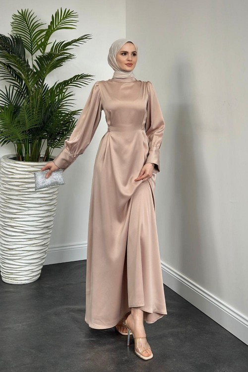 Emora Kuşaklı Saten Elbise Ekru