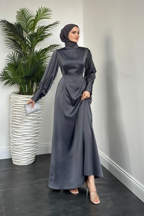 Emora Kuşaklı Saten Elbise Füme