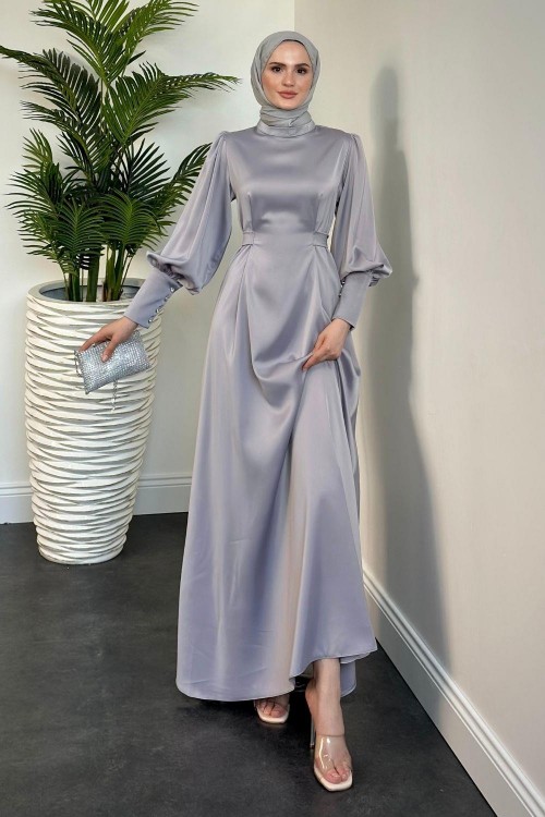 Emora Kuşaklı Saten Elbise Gri