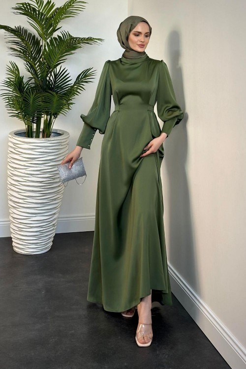 Emora Kuşaklı Saten Elbise Haki