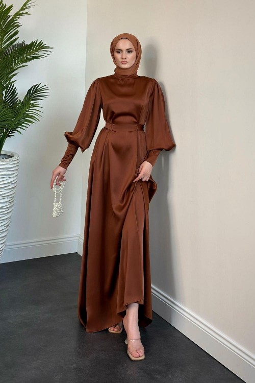 Emora Kuşaklı Saten Elbise Kiremit