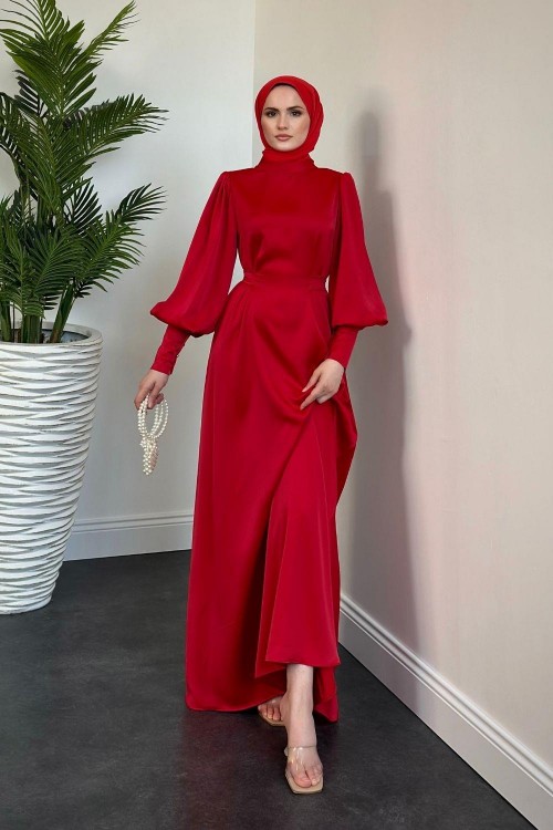 Emora Kuşaklı Saten Elbise Kırmızı