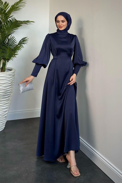 Emora Kuşaklı Saten Elbise Lacivert