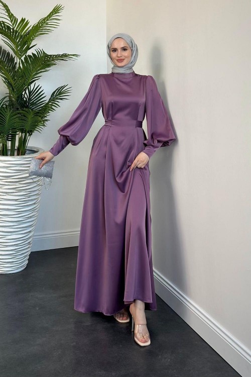 Emora Kuşaklı Saten Elbise Leylak