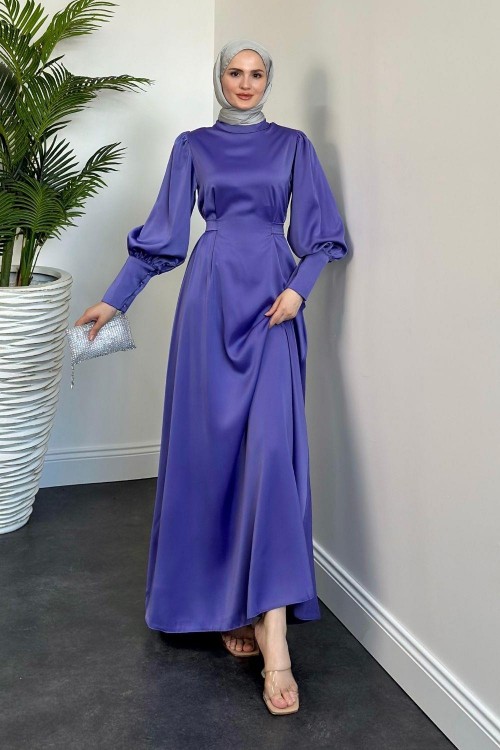 Emora Kuşaklı Saten Elbise Lila