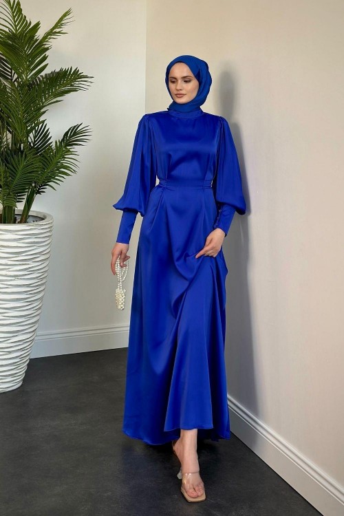 Emora Kuşaklı Saten Elbise Saks