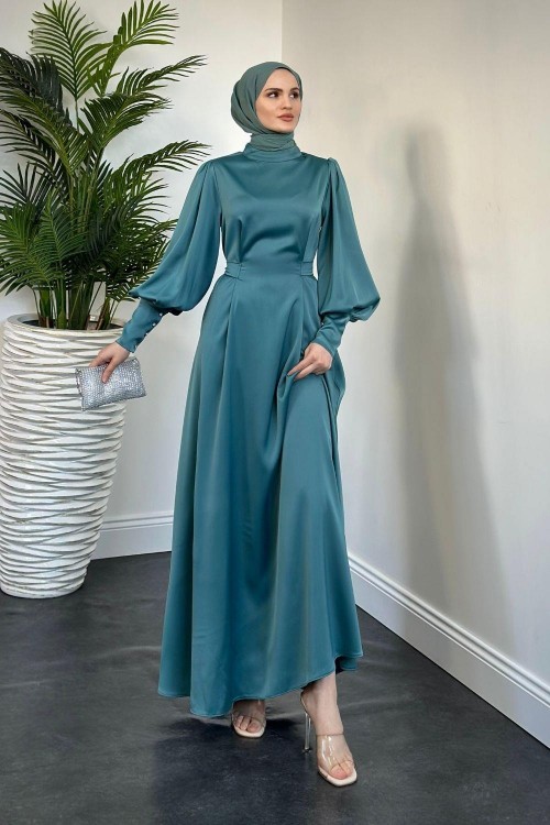 Emora Kuşaklı Saten Elbise Turkuaz