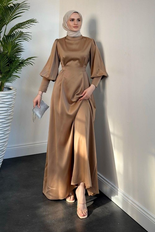 Emora Kuşaklı Saten Elbise Vizon