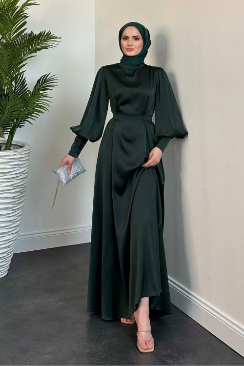 Emora Kuşaklı Saten Elbise Zümrüt