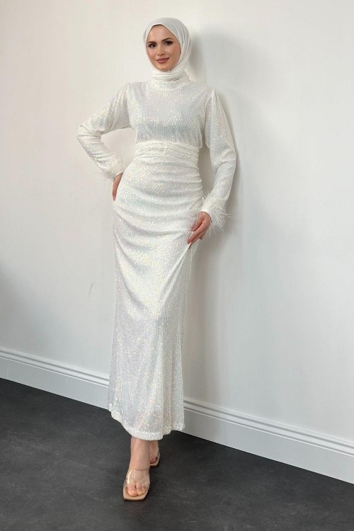 Endi Astarlı Pul Payet Abiye Beyaz
