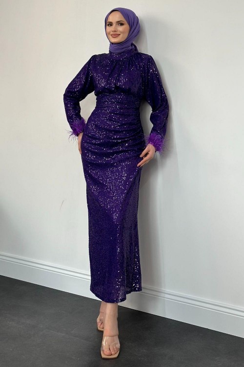 Endi Astarlı Pul Payet Abiye Mor