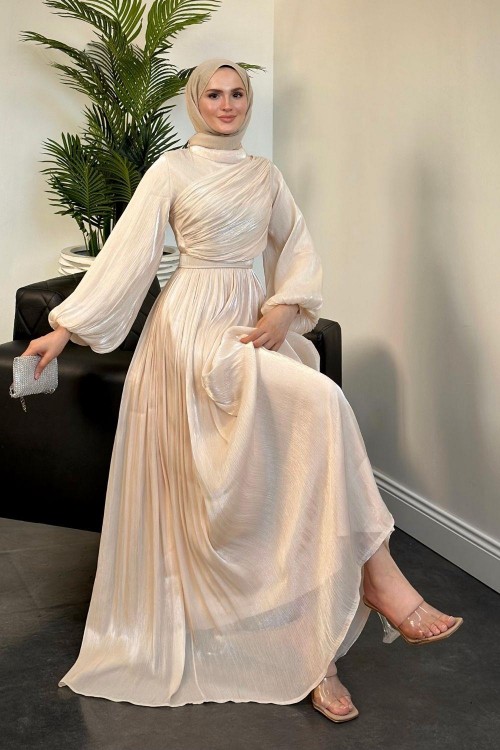 Erba Drape Detay Abiye Krem