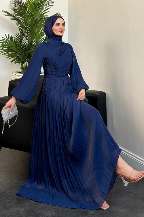 Erba Drape Detay Abiye Lacivert