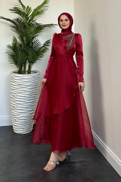 Ervah Taş Detay Abiye Bordo