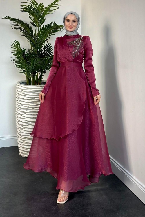 Ervah Taş Detay Abiye Fuşya