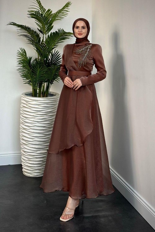 Ervah Taş Detay Abiye Kahverengi