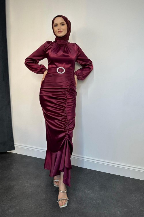 Eteği Büzgülü Kemerli Saten Abiye Fuşya