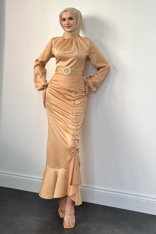 Eteği Büzgülü Kemerli Saten Abiye Gold