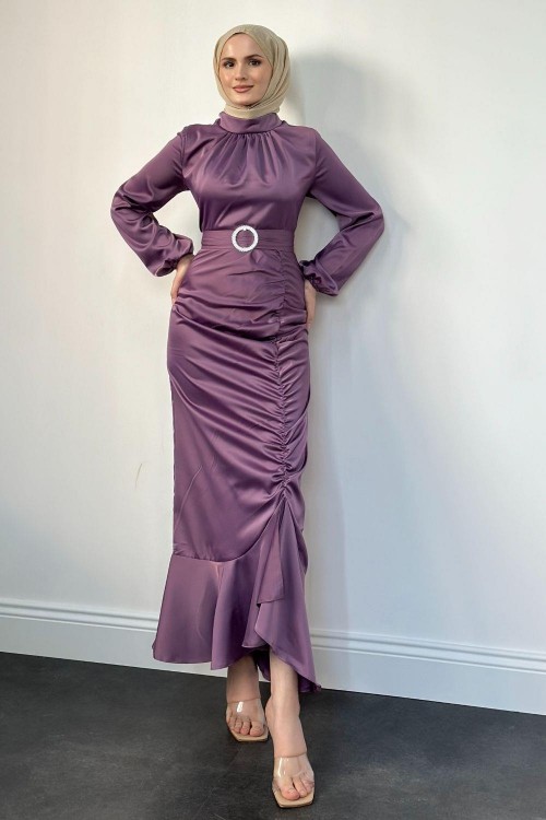 Eteği Büzgülü Kemerli Saten Abiye Lila
