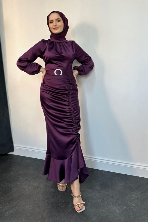 Eteği Büzgülü Kemerli Saten Abiye Mor