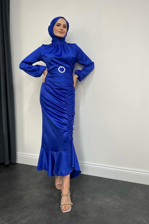 Eteği Büzgülü Kemerli Saten Abiye Saks