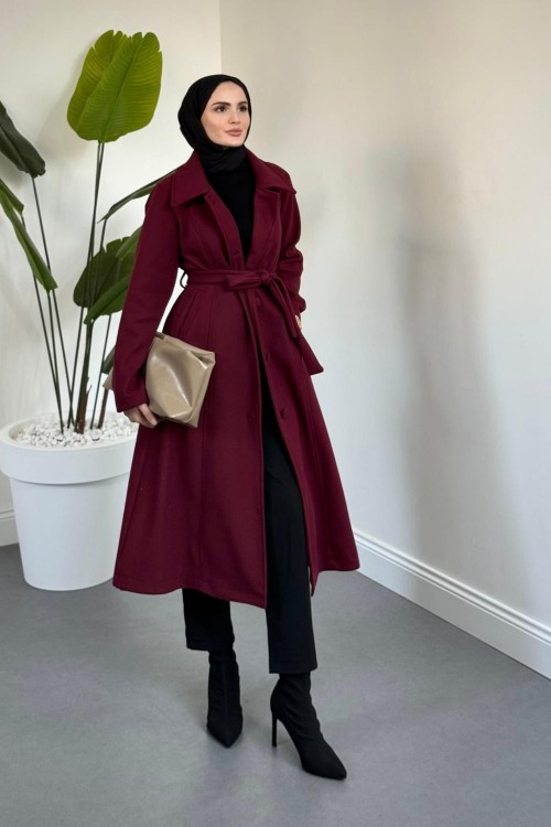 Evelyn Astarlı Düğmeli Kaşe Kaban Bordo