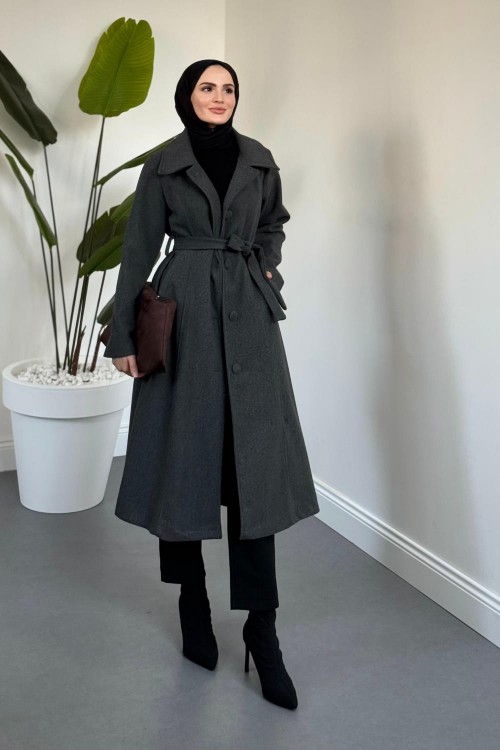 Evelyn Astarlı Düğmeli Kaşe Kaban Füme