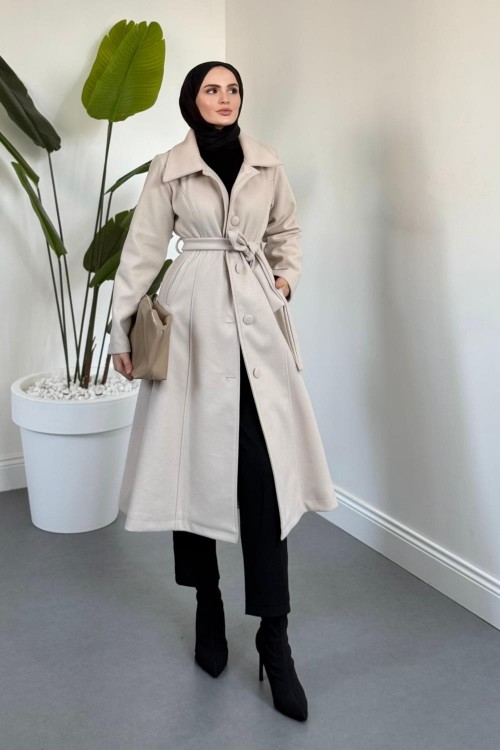 Evelyn Astarlı Düğmeli Kaşe Kaban Krem