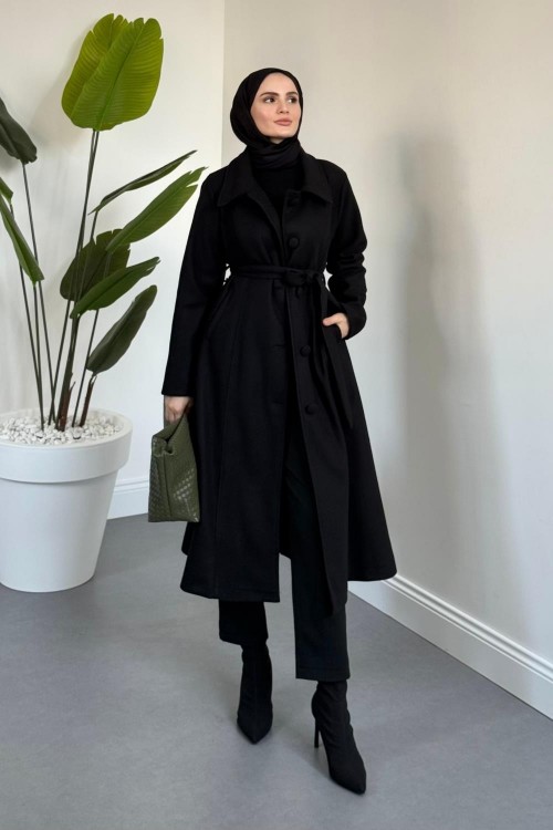 Evelyn Astarlı Düğmeli Kaşe Kaban Siyah