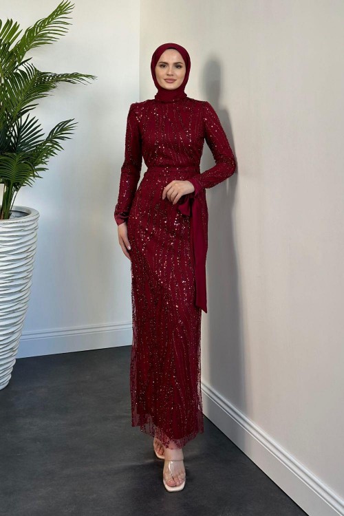 Eylül Kolları Bağcıklı Payetli Abiye Bordo