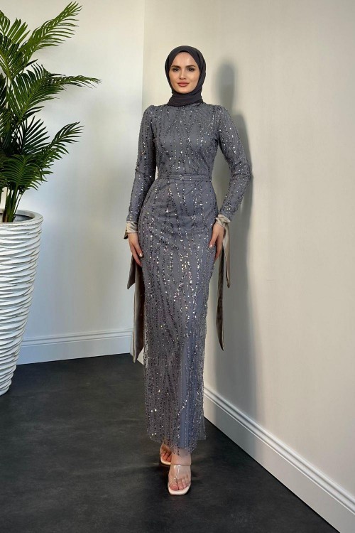 Eylül Kolları Bağcıklı Payetli Abiye Gri