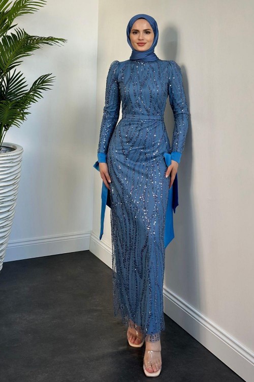 Eylül Kolları Bağcıklı Payetli Abiye Mavi