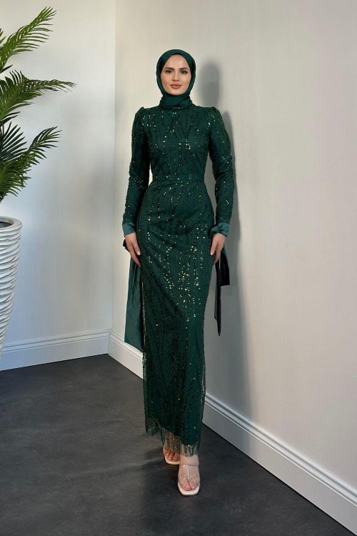 Eylül Kolları Bağcıklı Payetli Abiye Zümrüt