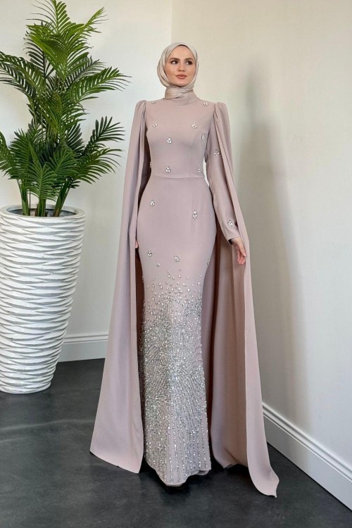 Farah Kolları Pelerinli Abiye Bej