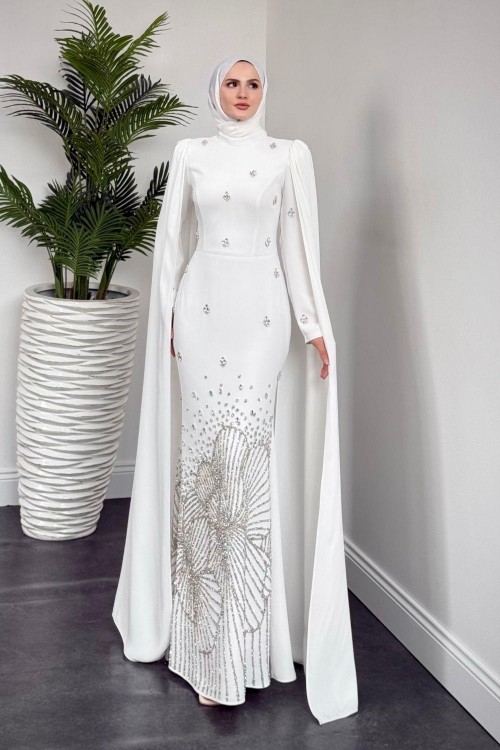 Farah Kolları Pelerinli Abiye Beyaz