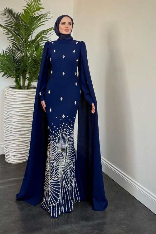 Farah Kolları Pelerinli Abiye İndigo