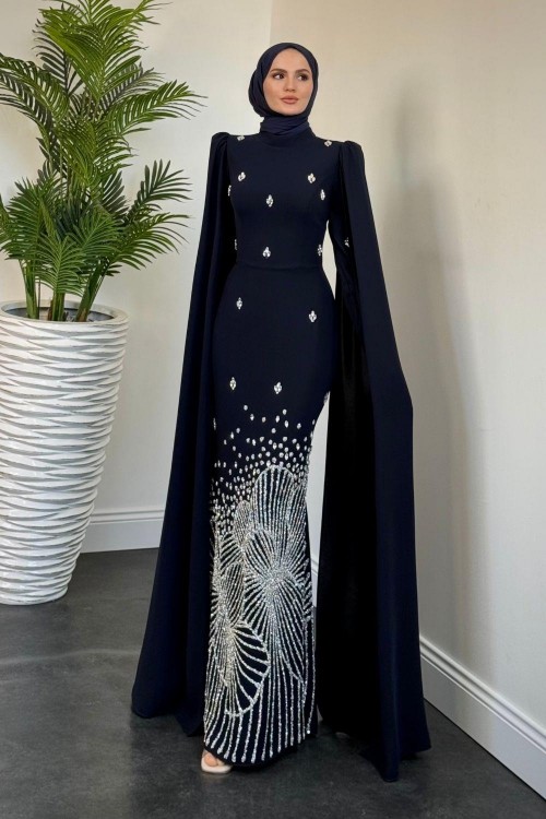 Farah Kolları Pelerinli Abiye Lacivert