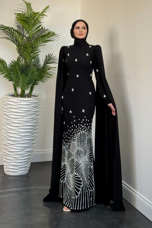 Farah Kolları Pelerinli Abiye Siyah