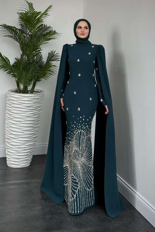 Farah Kolları Pelerinli Abiye Zümrüt