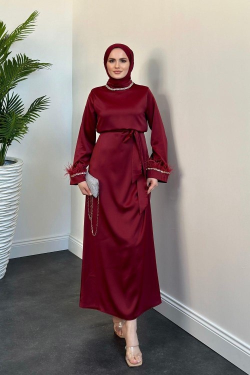 Farzeen Boynu Taşlı Saten Abiye Bordo
