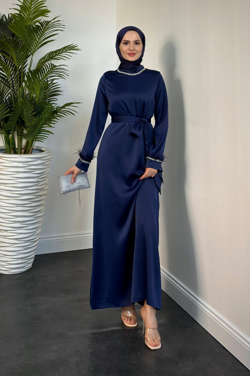 Farzeen Boynu Taşlı Saten Abiye Lacivert