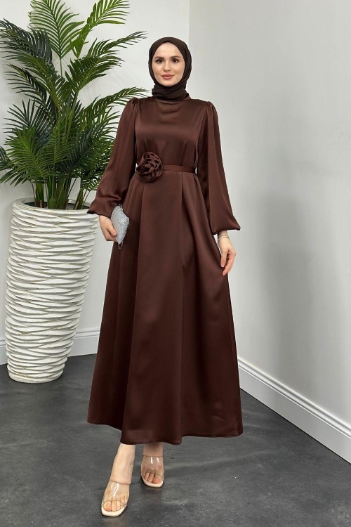 Fayette Kemeri Güllü Elbise Kahverengi