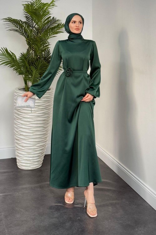 Fayette Kemeri Güllü Elbise Zümrüt